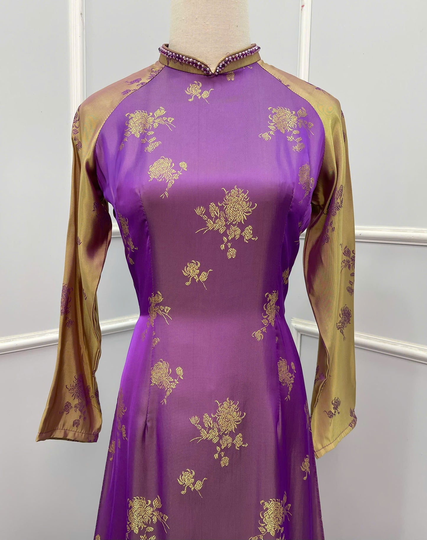 H227 H228 1374 Áo only - Áo dài lụa 2 da đính cổ