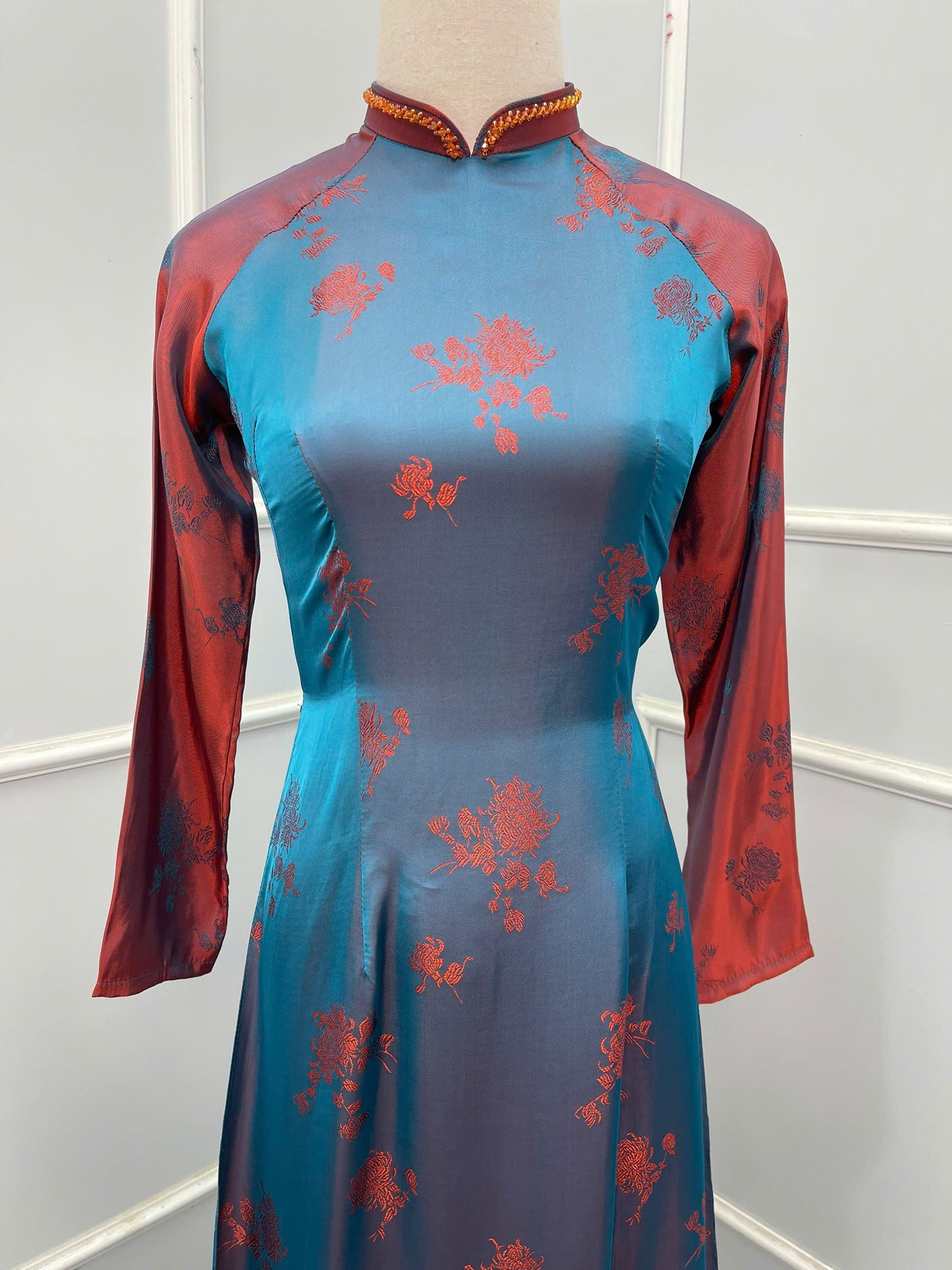 H227 H228 1374 Áo only - Áo dài lụa 2 da đính cổ