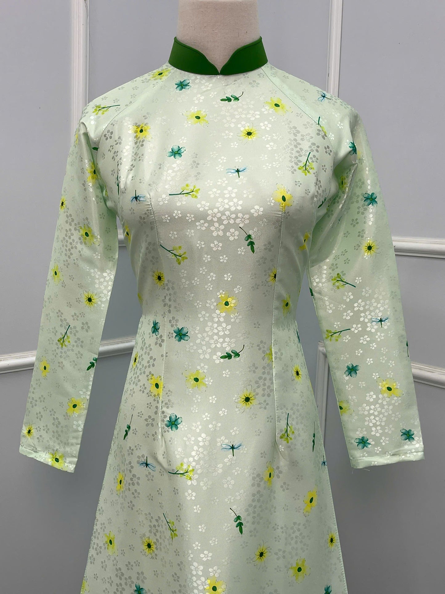 H243 1390 Áo + quần - Áo dài lụa hoa mai + quần màu xanh