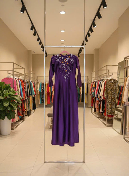 T610 Áo only - Áo dài lụa valentino đính kết màu tím