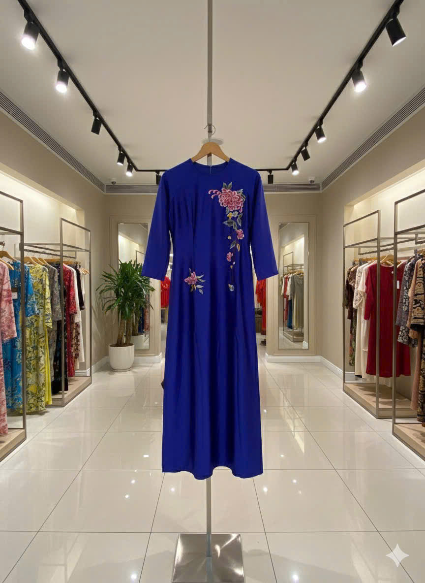 T611 Áo only - Áo dài lụa valentino xanh coban thêu