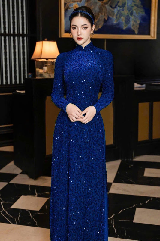 T615 Áo only - Áo dài kim sa màu coban