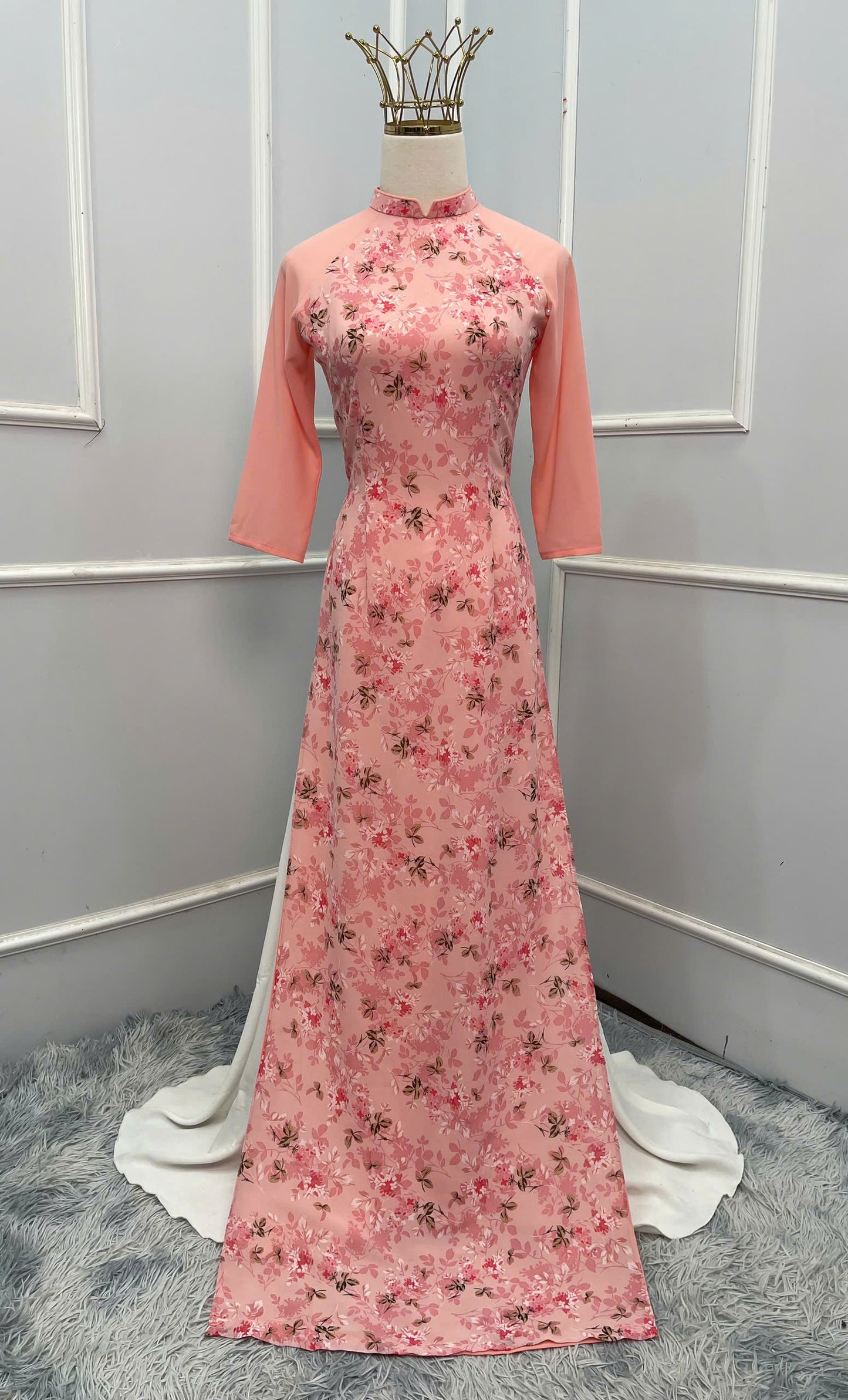 H237 1384 Áo + quần - Áo dài lụa in hoa nhí màu hồng cam + quần cùng màu