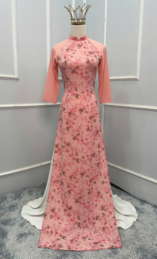 H237 1384 Áo + quần - Áo dài lụa in hoa nhí màu hồng cam + quần cùng màu