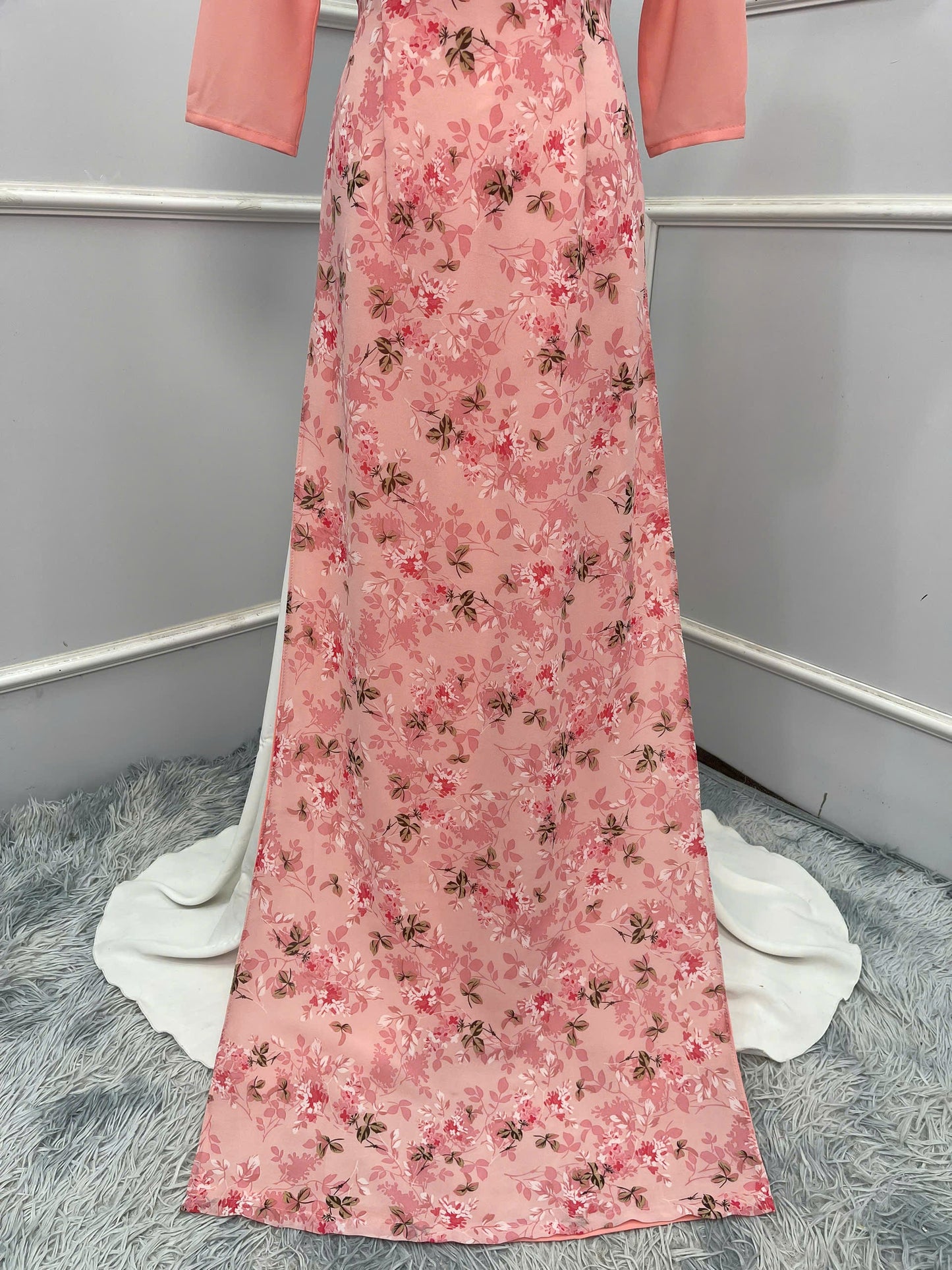 H237 1384 Áo + quần - Áo dài lụa in hoa nhí màu hồng cam + quần cùng màu