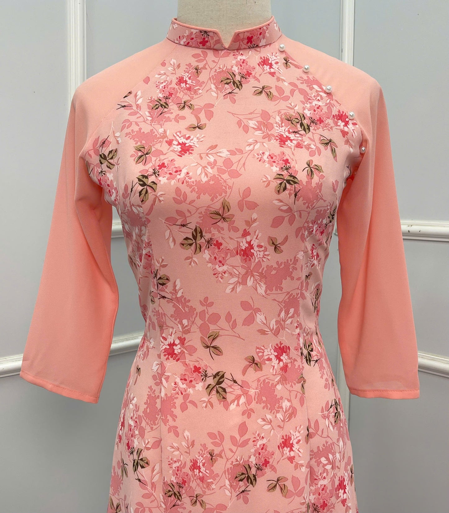 H237 1384 Áo + quần - Áo dài lụa in hoa nhí màu hồng cam + quần cùng màu