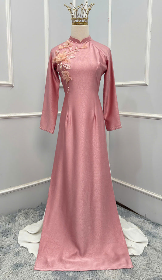 H231 1378 Áo + quần - Áo dài lụa hà lan màu hồng cam + quần