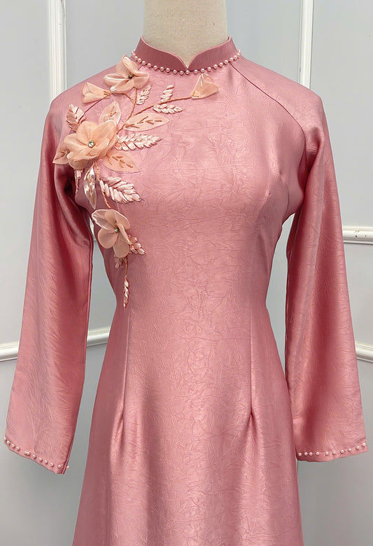 H231 1378 Áo + quần - Áo dài lụa hà lan màu hồng cam + quần