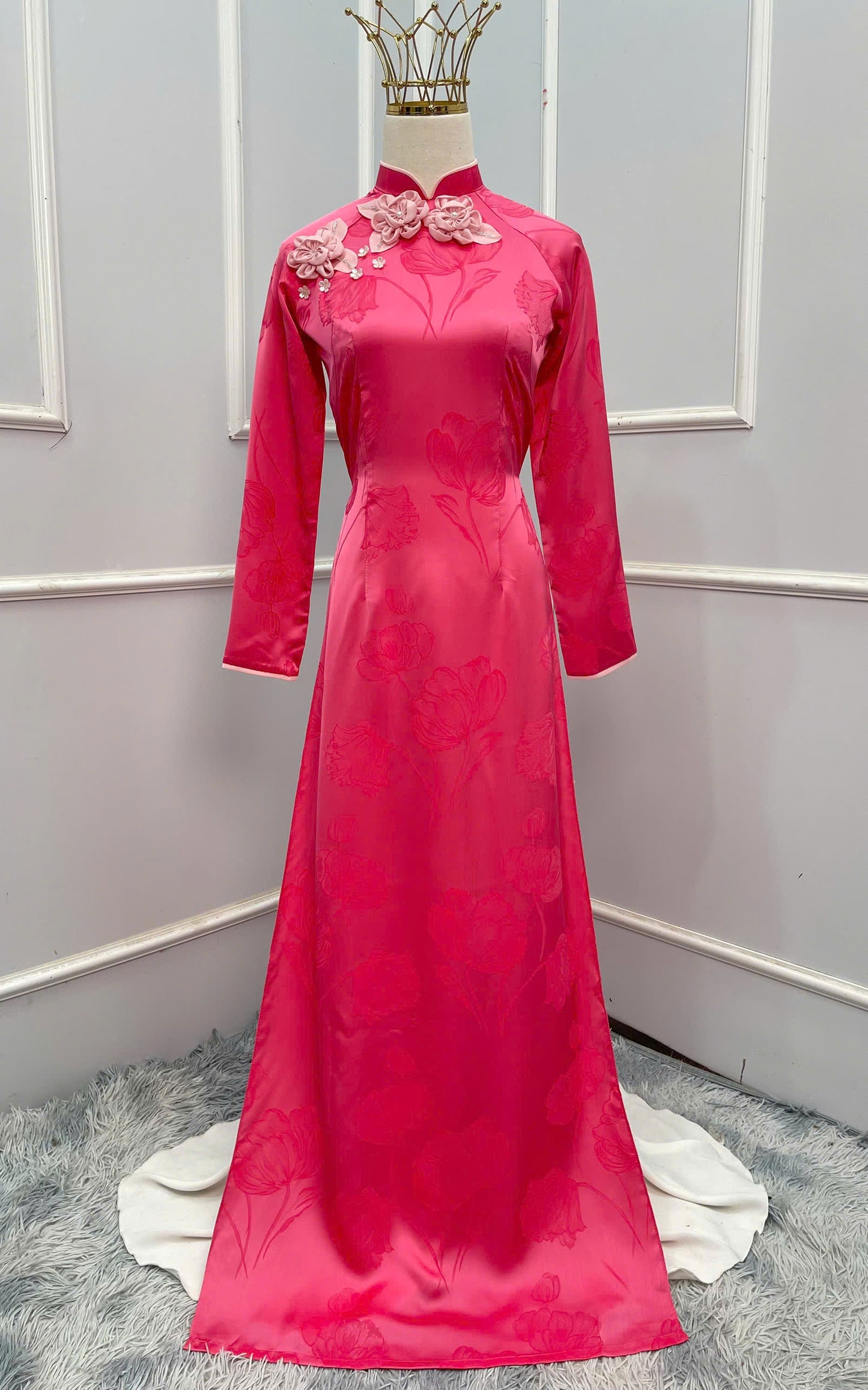 H263 1405 Áo only - Áo dài lụa đính hoa nổi