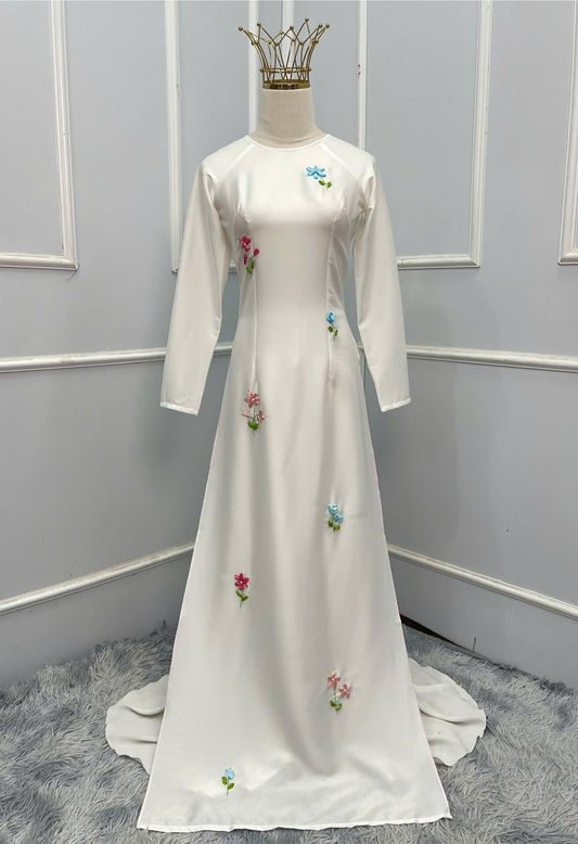 H261 1407 Áo only - Áo dài lụa valentino trắng thêu hoa