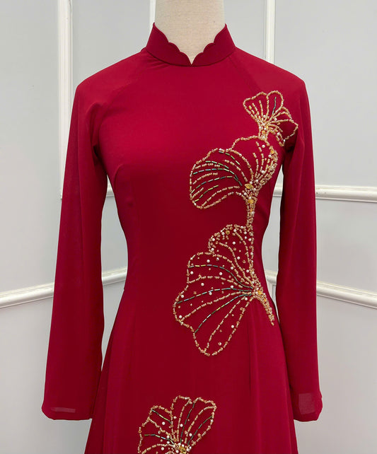 S211 Áo only - Áo dài chiffon 4 tà thiết kế đính đá màu đỏ