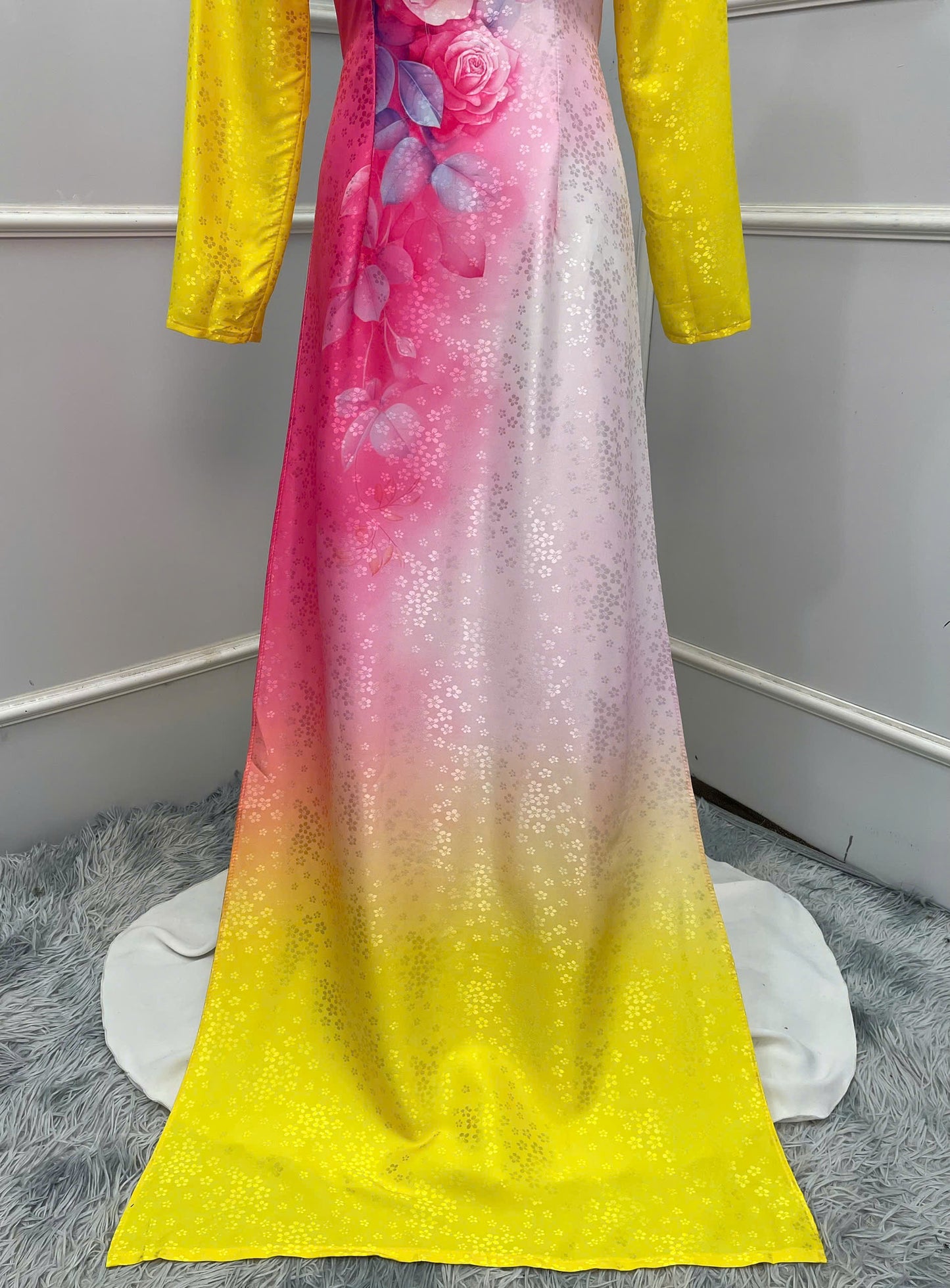 H253 1399 Áo only - Áo dài lụa hoa mai in hoa hồng