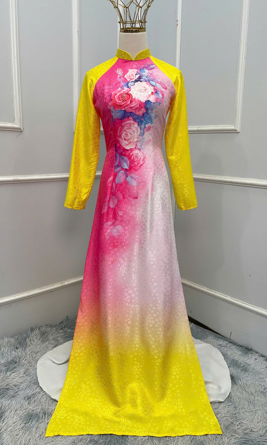 H253 1399 Áo only - Áo dài lụa hoa mai in hoa hồng
