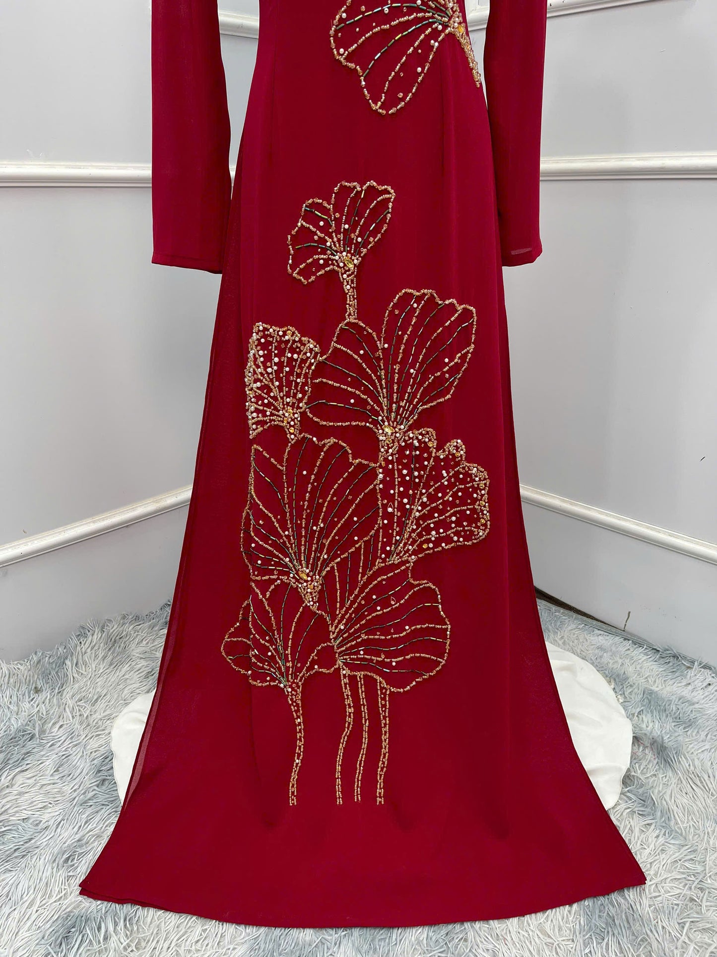 S211 Áo only - Áo dài chiffon 4 tà thiết kế đính đá màu đỏ