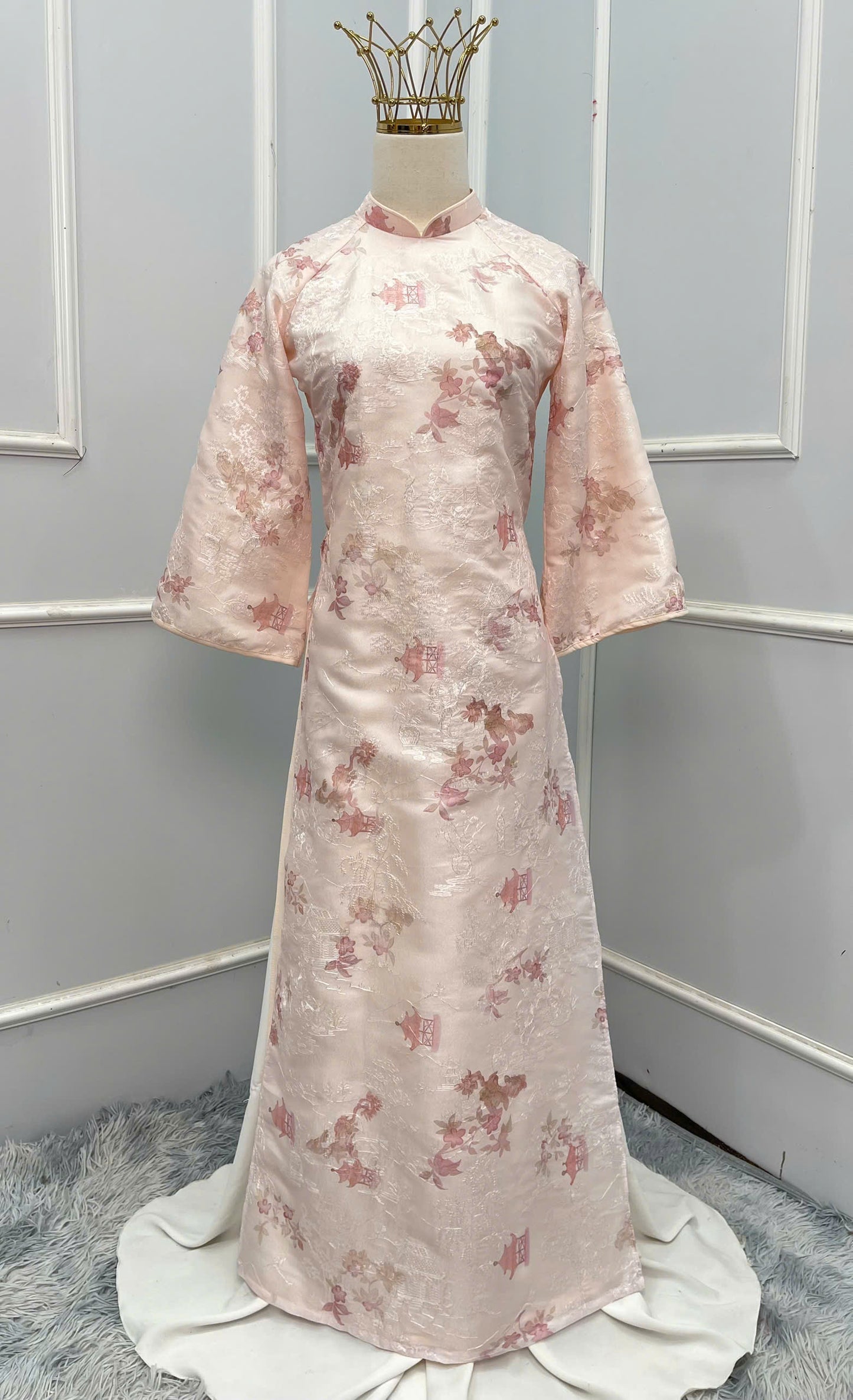 H194 Áo only - Áo dài lụa gấm màu hồng