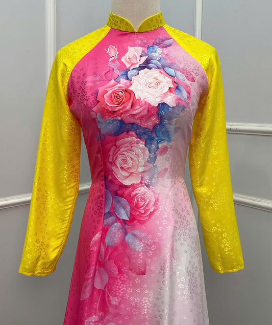 H253 1399 Áo only - Áo dài lụa hoa mai in hoa hồng