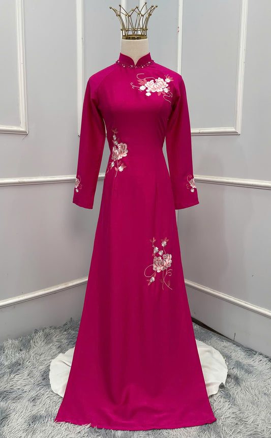 H259 1409 Áo only - Áo dài lụa Indo thêu hoa đính cổ