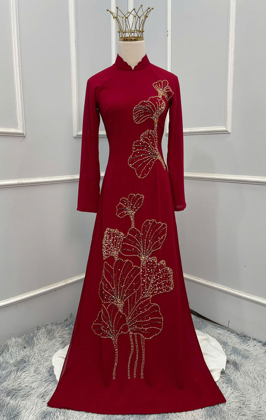 S211 Áo only - Áo dài chiffon 4 tà thiết kế đính đá màu đỏ