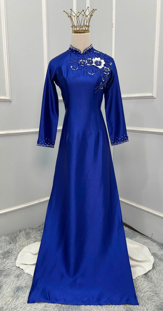 H251 1397 Áo only - Áo dài lụa valentino đính kết màu coban