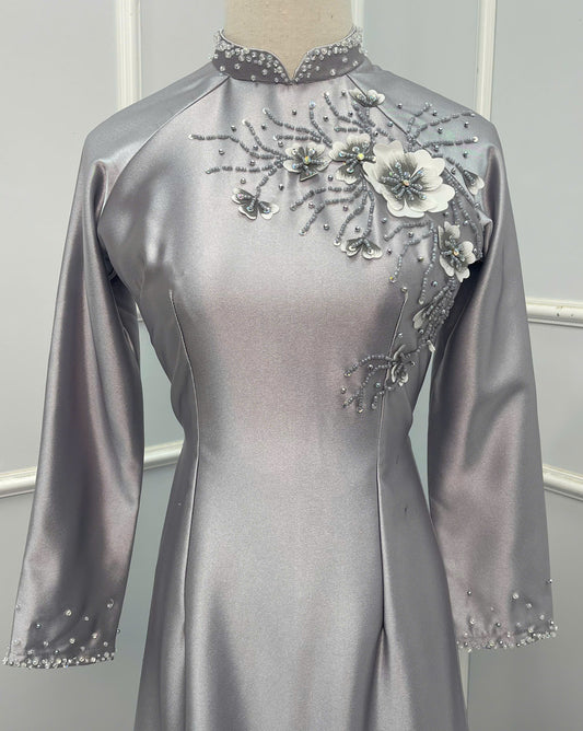 H229 1376 Áo only - Áo dài lụa valentino đính kết màu xám