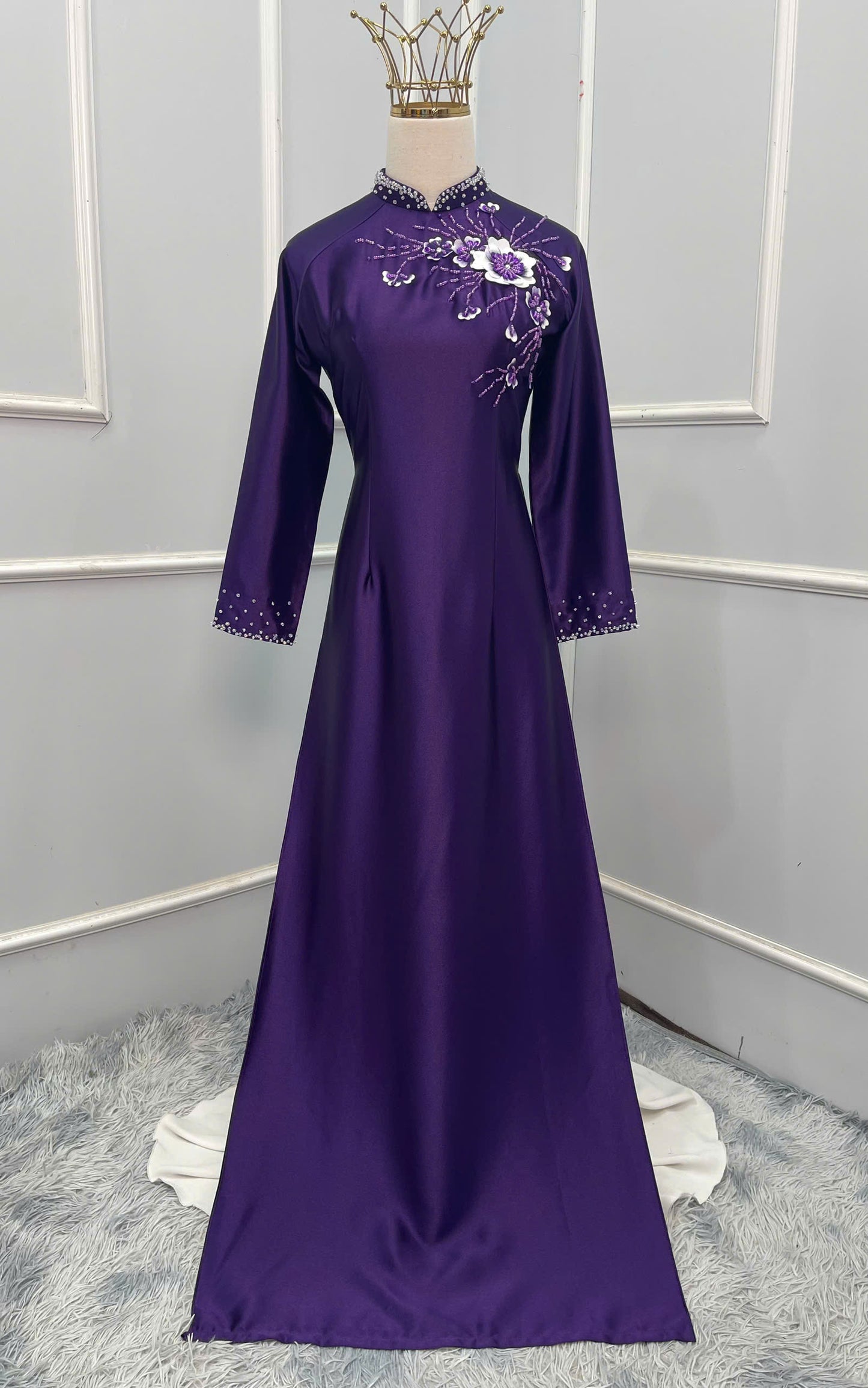 H234 1381 Áo only - Áo dài lụa valentino đính kết màu tím