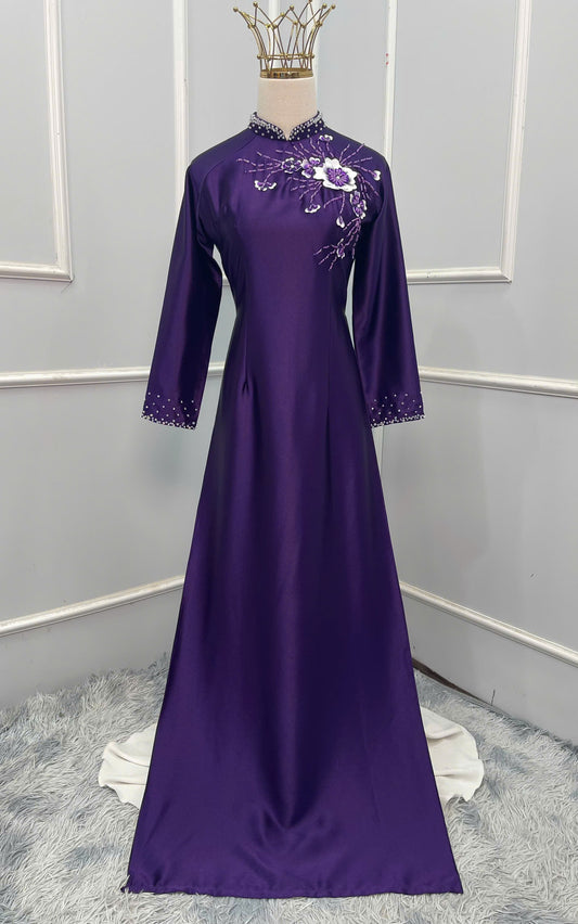 H234 1381 Áo only - Áo dài lụa valentino đính kết màu tím