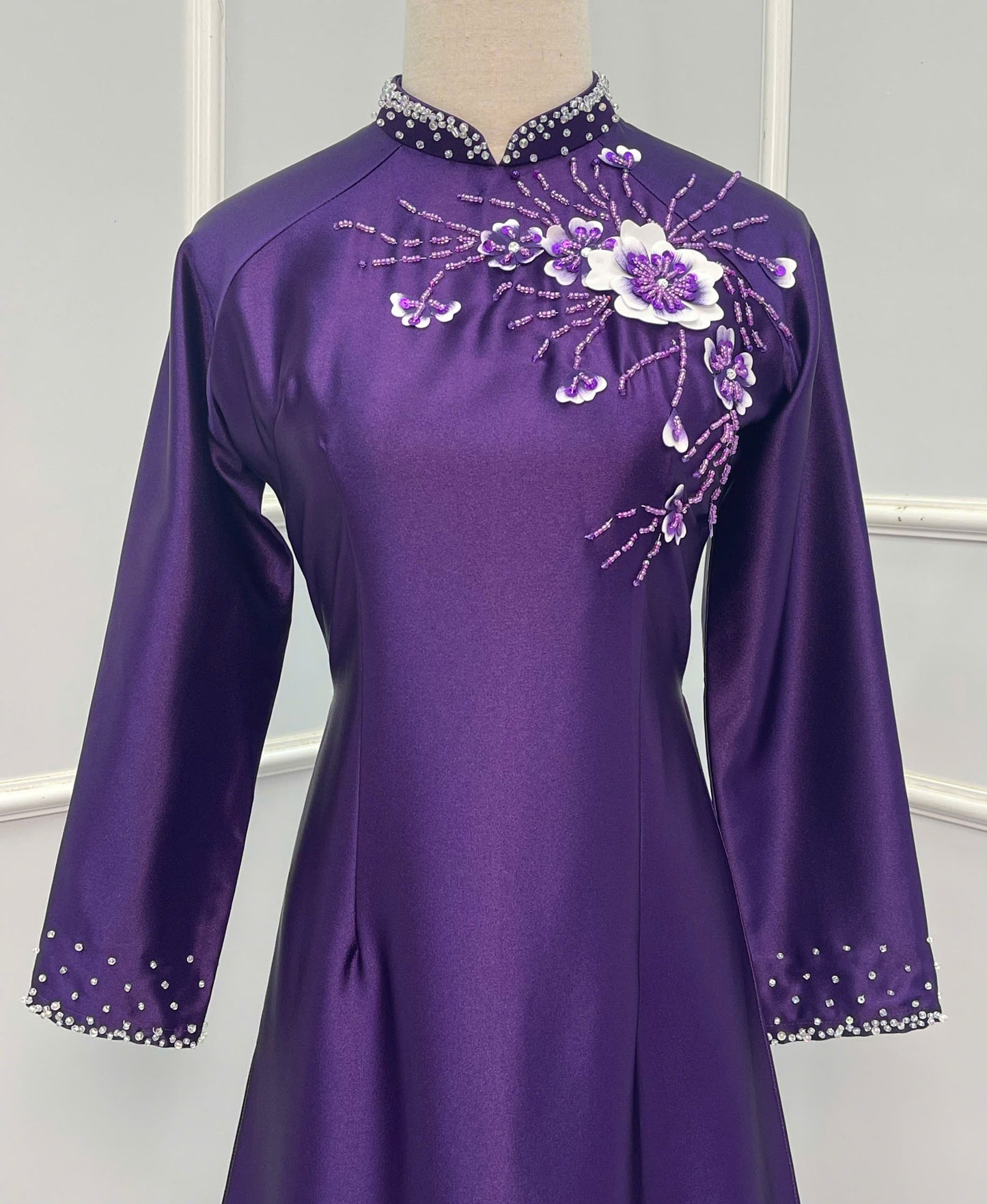 H234 1381 Áo only - Áo dài lụa valentino đính kết màu tím