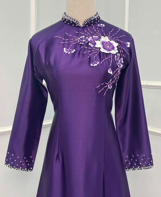 H234 1381 Áo only - Áo dài lụa valentino đính kết màu tím