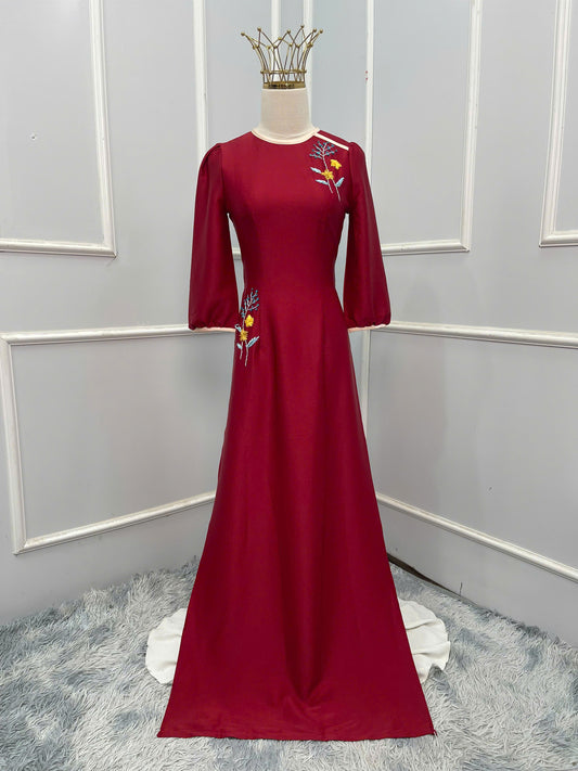 H255 1401 Áo + quần - Áo dài lụa thêu tay màu đỏ + quần kem