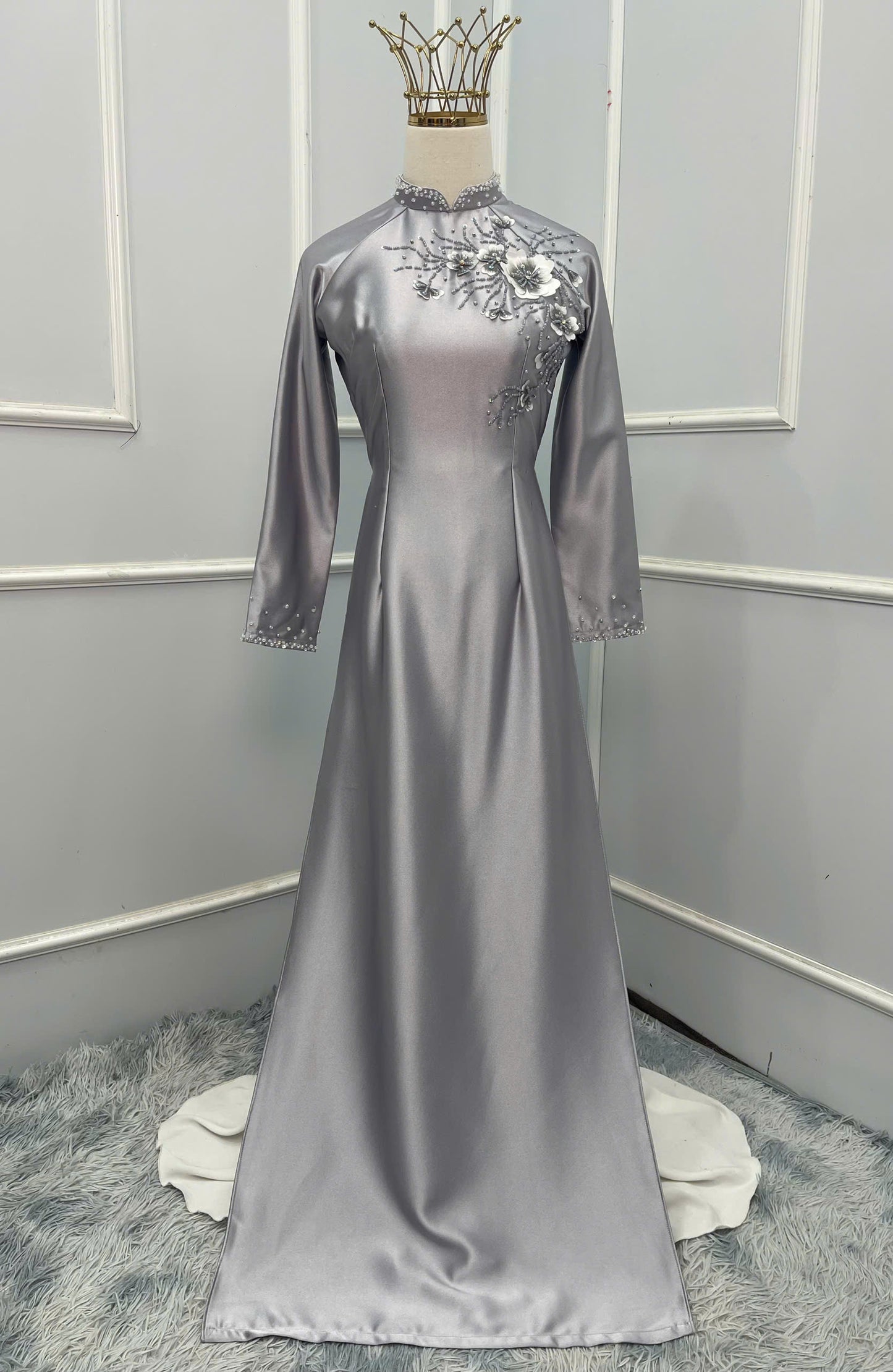 H229 1376 Áo only - Áo dài lụa valentino đính kết màu xám