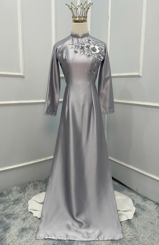 H229 1376 Áo only - Áo dài lụa valentino đính kết màu xám