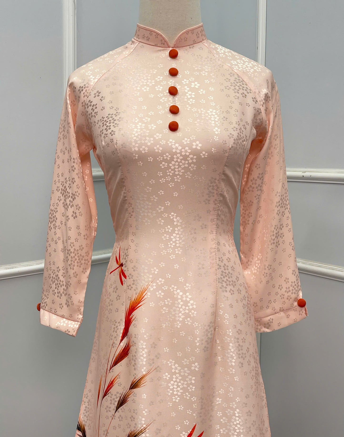 H254 1400 Áo + quần - Áo dài lụa hoa mai đính cúc bọc + quần