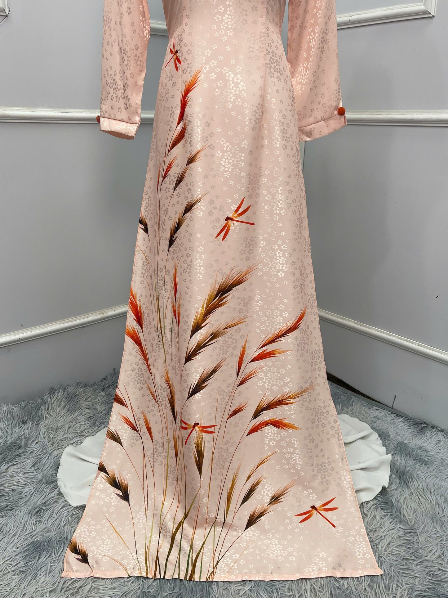 H254 1400 Áo + quần - Áo dài lụa hoa mai đính cúc bọc + quần