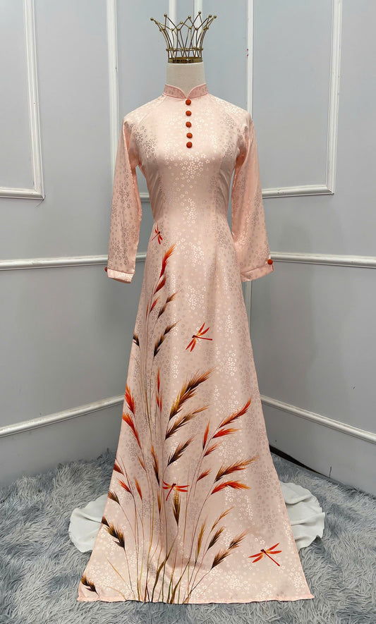 H254 1400 Áo + quần - Áo dài lụa hoa mai đính cúc bọc + quần