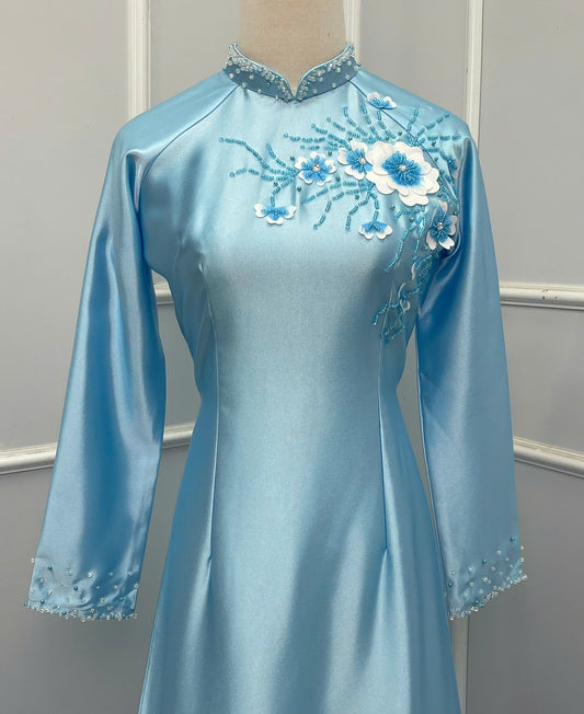 H235 1382 Áo only - Áo dài lụa valentino đính kết màu xanh thiên thanh