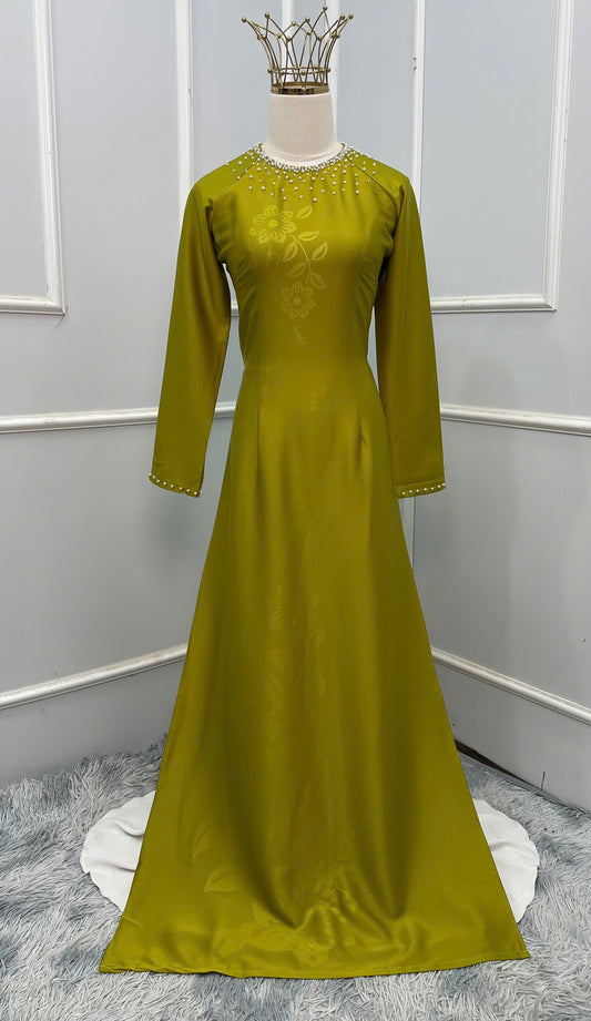 H276 1467 Áo only - Áo dài lụa ánh sao 4D đính cổ màu cốm