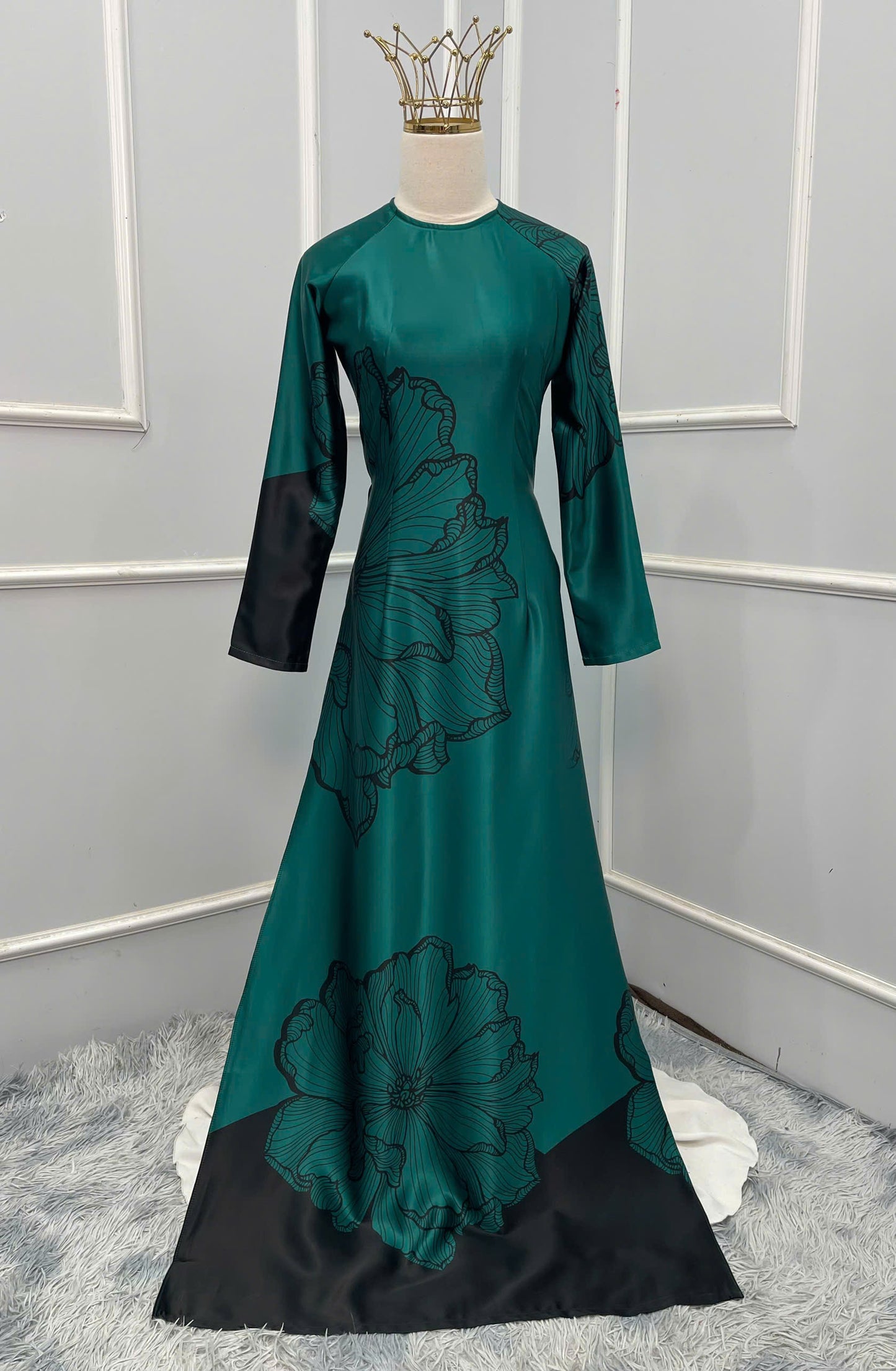 H286 Áo only - Áo dài lụa ánh sao thiết kế màu xanh két