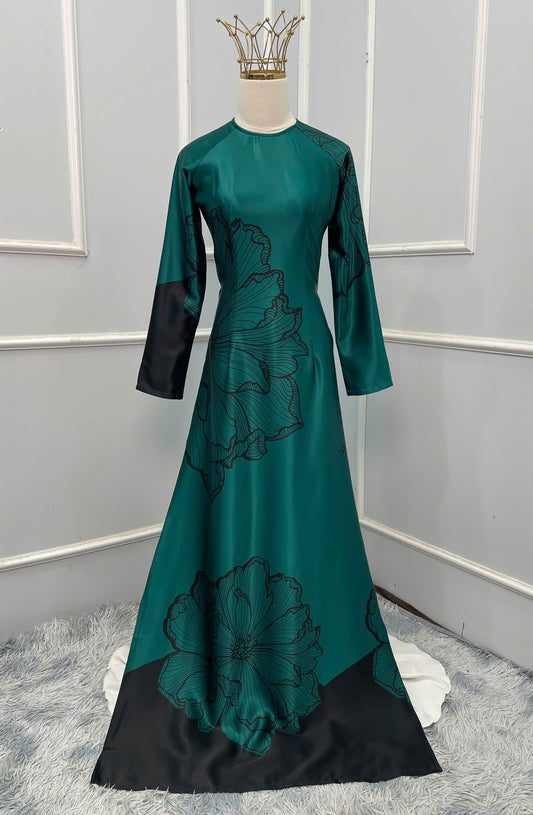 H286 Áo only - Áo dài lụa ánh sao thiết kế màu xanh két