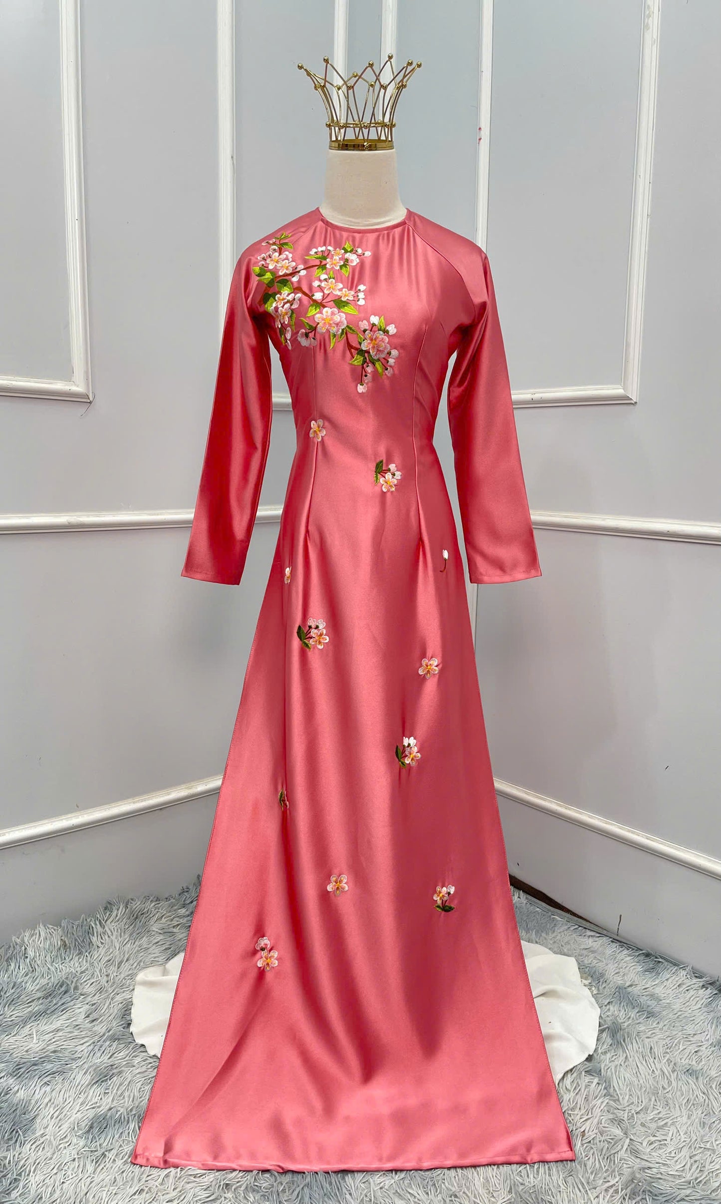 H293 1484 Áo only - Áo dài lụa valentino thêu hoa đào màu hồng