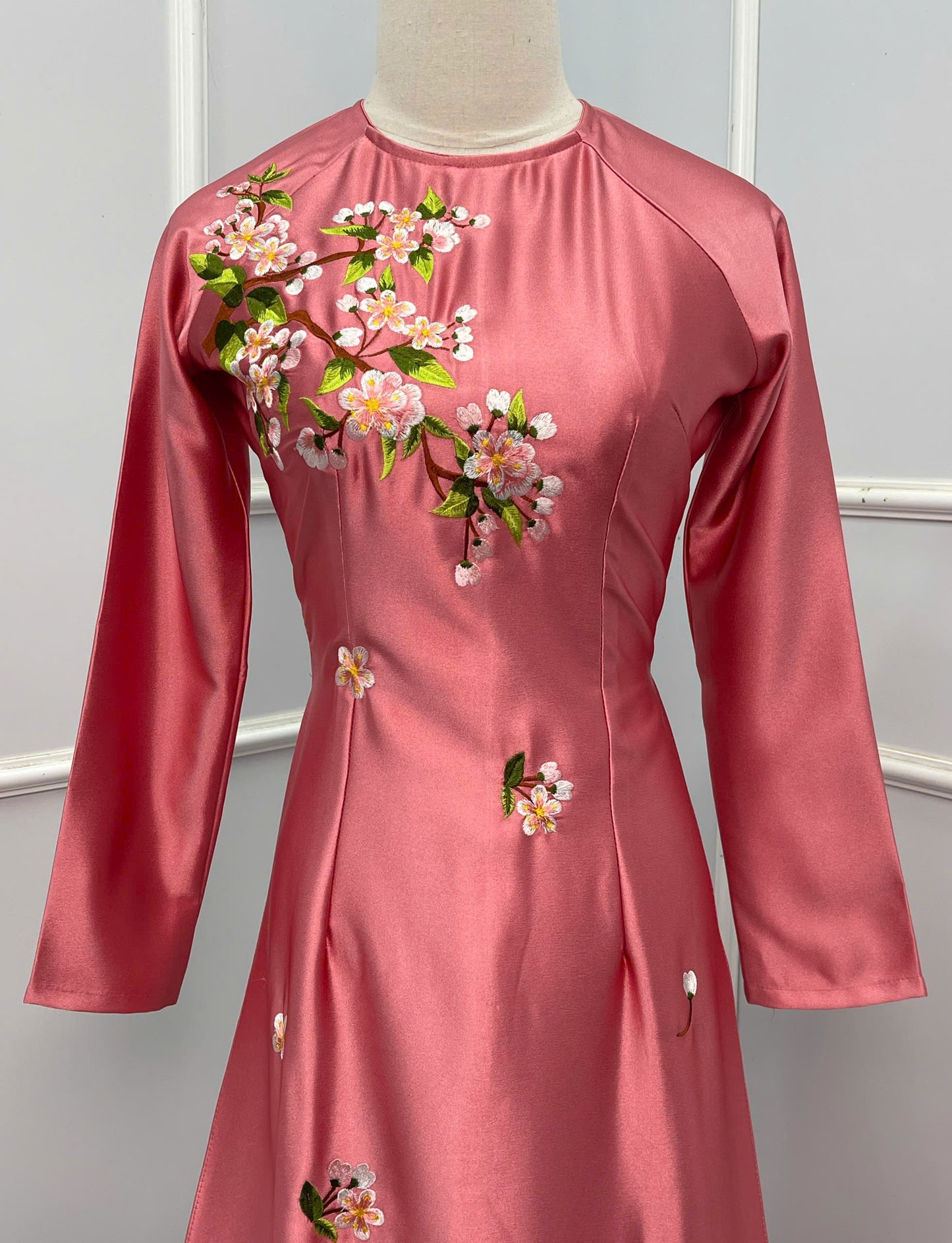 H293 1484 Áo only - Áo dài lụa valentino thêu hoa đào màu hồng