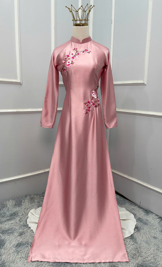 H291 1482 Áo only - Áo dài lụa valentino thêu hoa màu hồng phấn