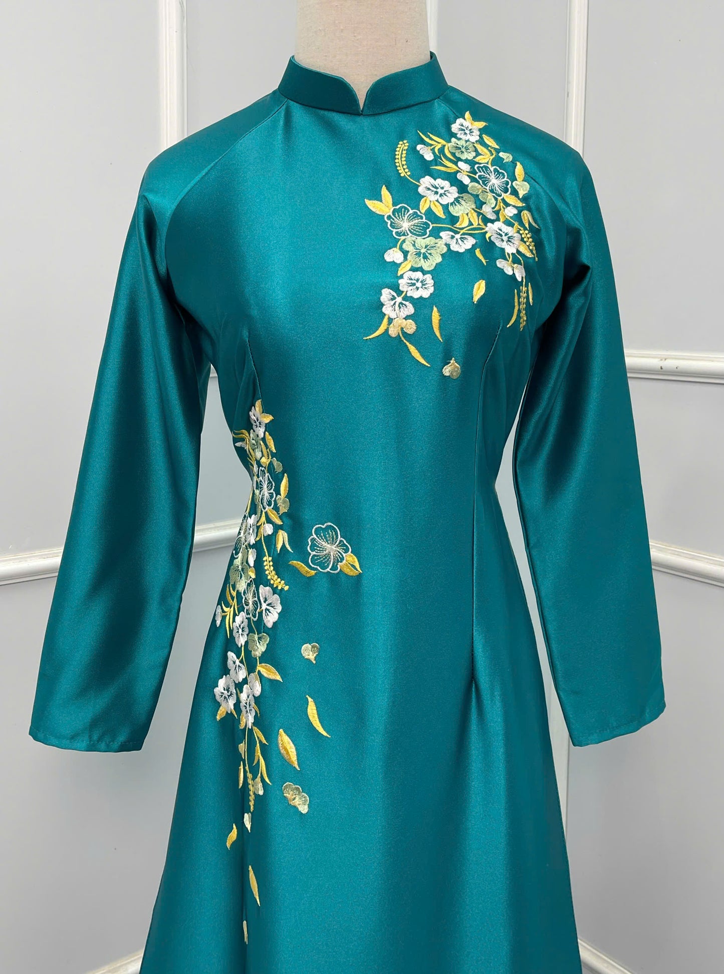 H294 1485 Áo only - Áo dài lụa valenino thêu hoa màu xanh chai