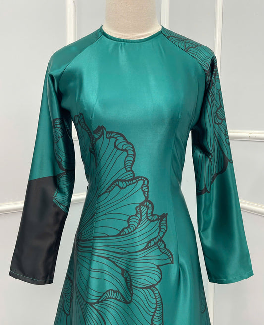 H286 Áo only - Áo dài lụa ánh sao thiết kế màu xanh két