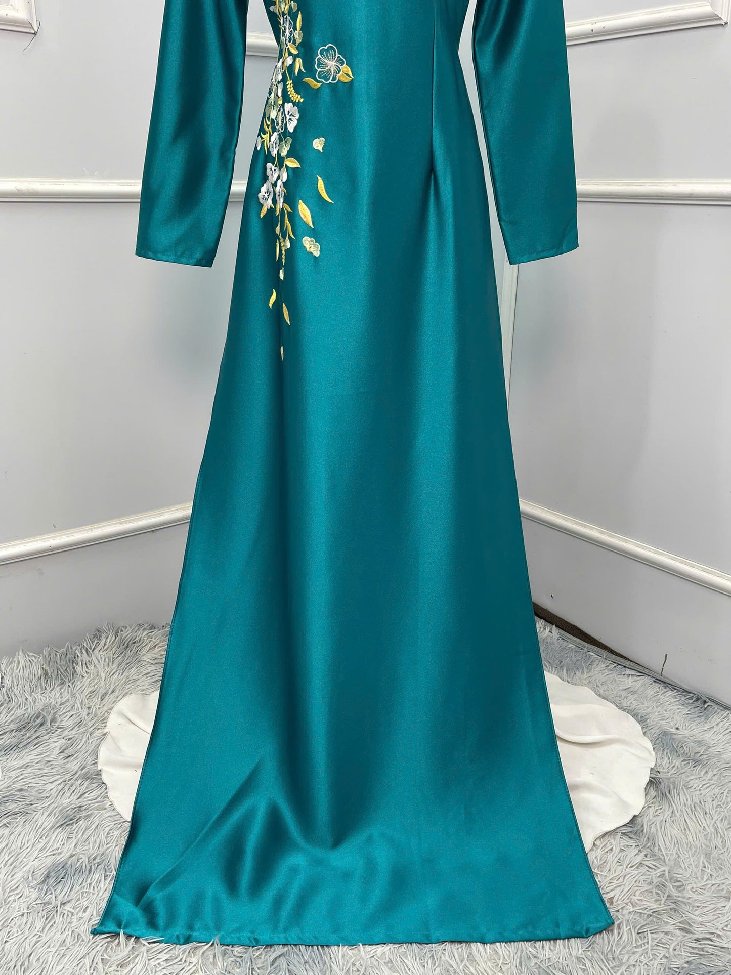 H294 1485 Áo only - Áo dài lụa valenino thêu hoa màu xanh chai