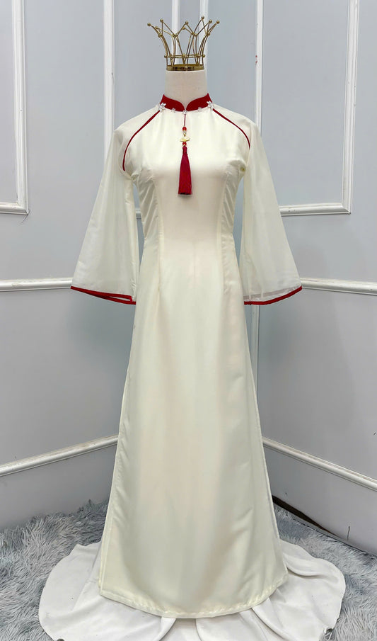 H277 Áo only - Áo dài tơ 4 tà màu kem