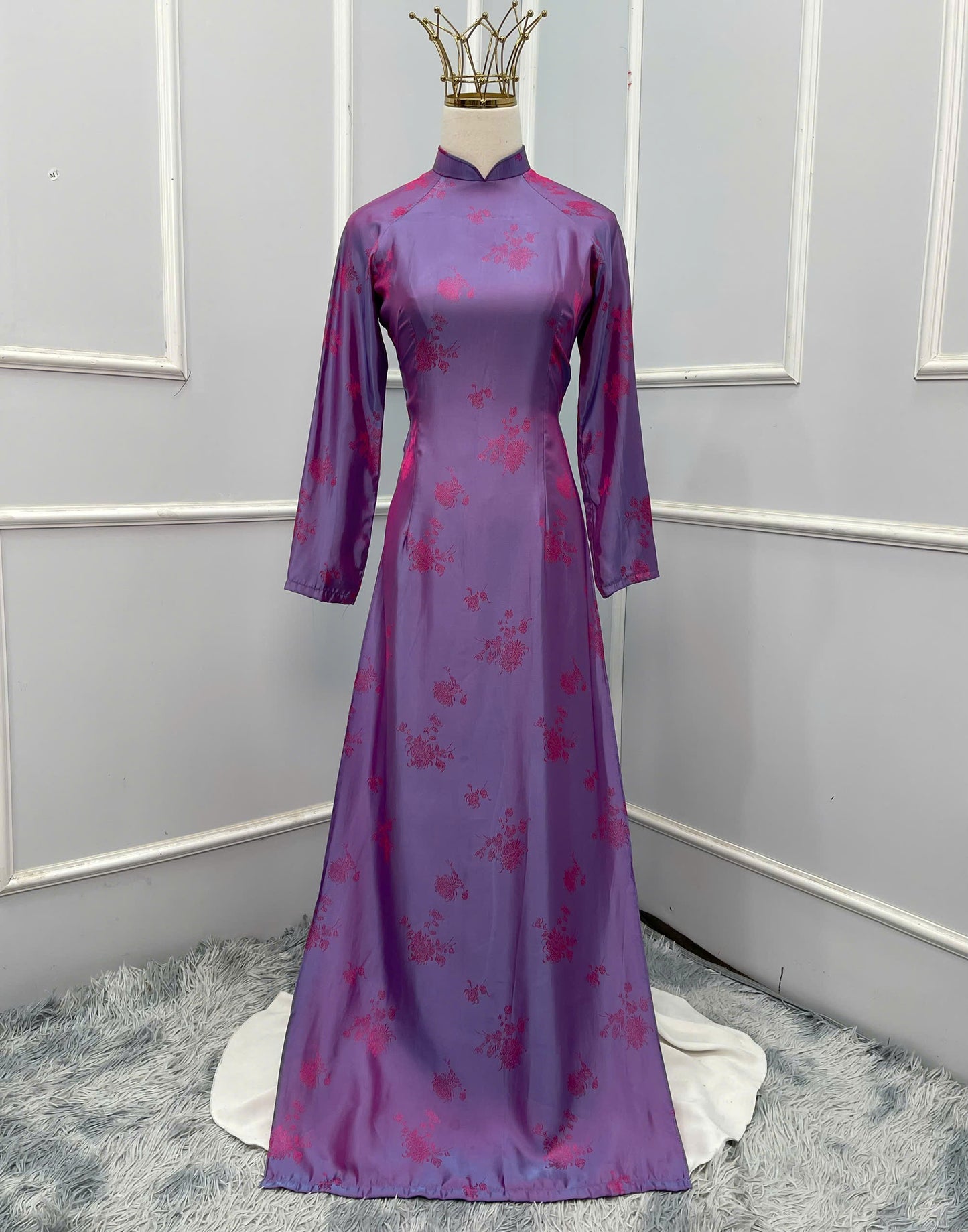 H273 1464 Áo only - Áo dài tơ tằm 2 da tím ánh hồng