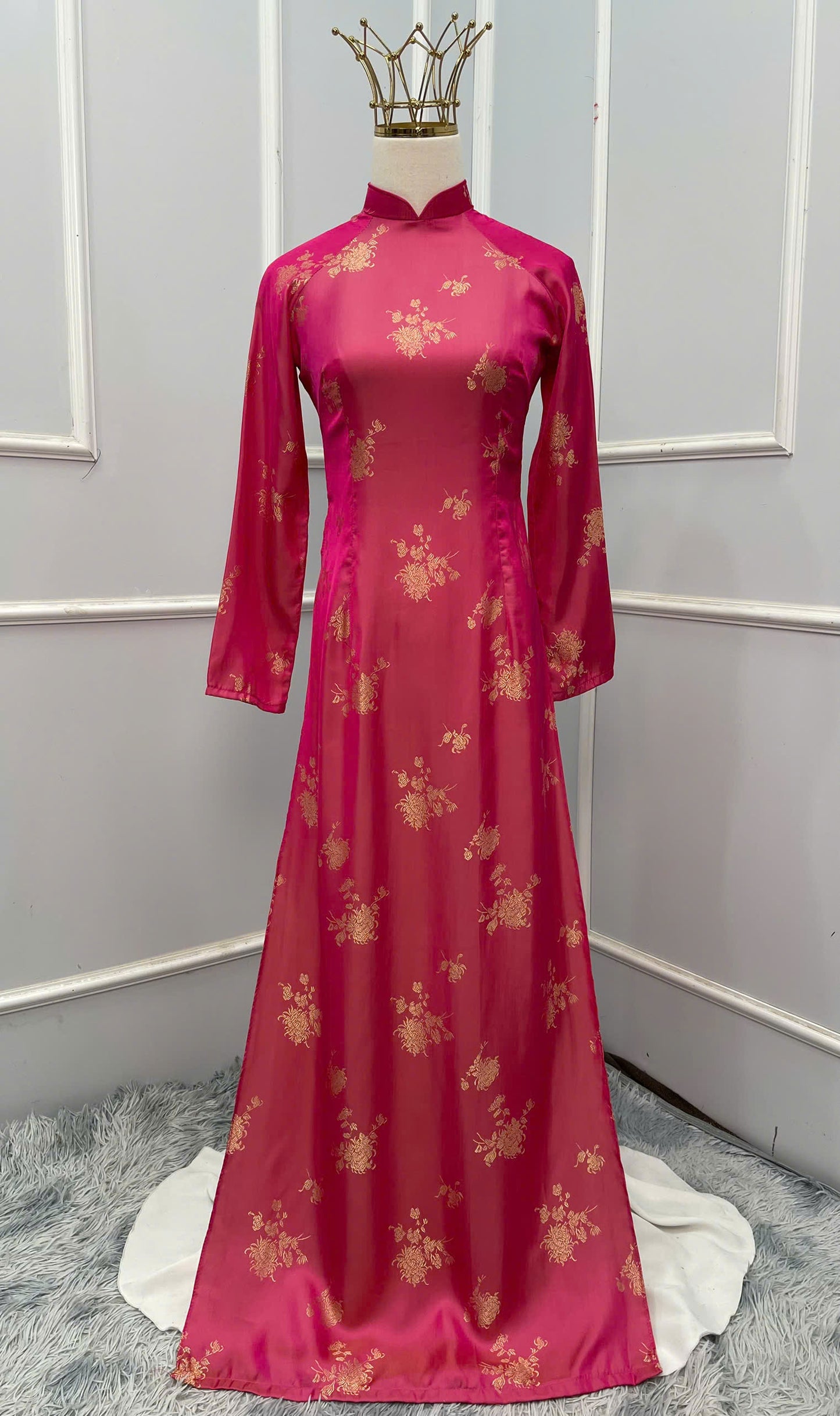 H272 1463 Áo only - Áo dài tơ tằm 2 da hồng ánh vàng