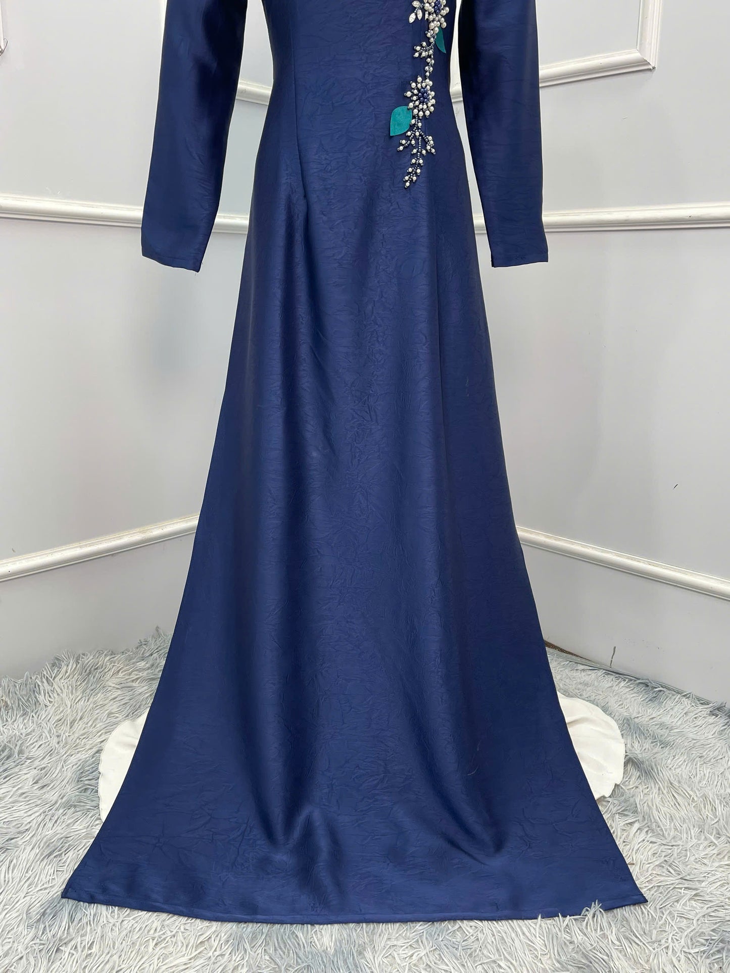 S213 1487 Áo + quần - Áo dài lụa hà lan đính kết màu xanh