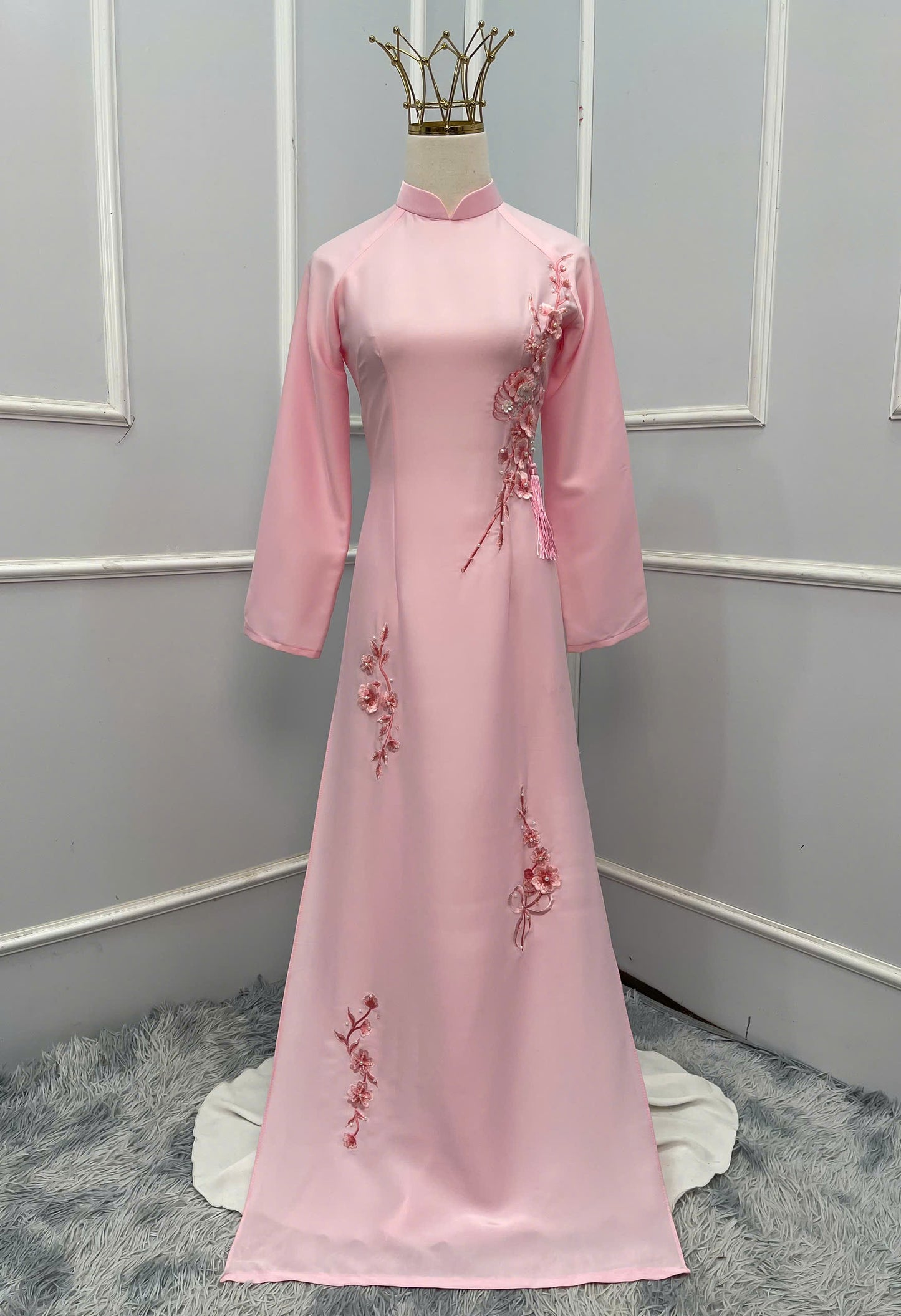 H290 1481 Áo + quần - Áo dài lụa mỹ đính hoa rơi màu hồng phấn + quần cùng màu