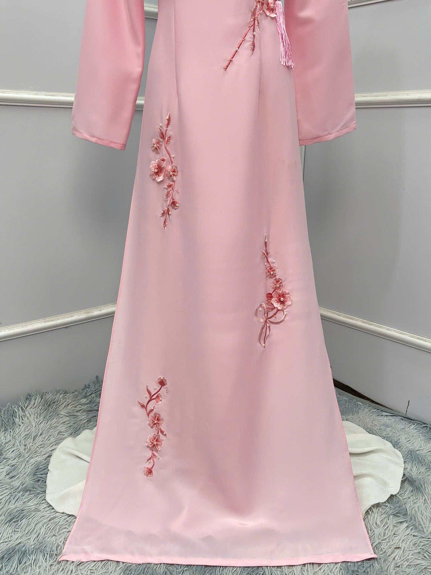 H290 1481 Áo + quần - Áo dài lụa mỹ đính hoa rơi màu hồng phấn + quần cùng màu
